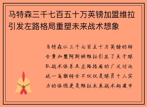 马特森三千七百五十万英镑加盟维拉引发左路格局重塑未来战术想象 马特森三千七百五十万英镑加盟维拉引发左路格局重塑未来战术想象
