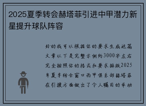 2025夏季转会赫塔菲引进中甲潜力新星提升球队阵容